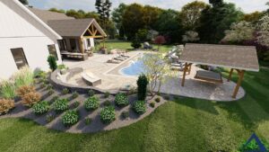 Precision Outdoors Design Secluded resort Roachdale indiana pool gable roof structure extension paver patio porcelain overlay gas fire pit firepit fire bowls outdoor kitchen seating wall lighting custom swing bed landscaping night lighting trees shrubs mulch backyard goals oasis country boulders privacy rest and relaxation poolside bird bath dining area hot tub