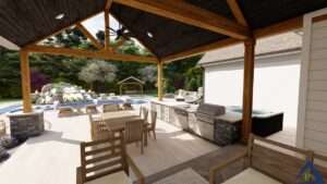 Precision Outdoors Design Secluded resort Roachdale indiana pool gable roof structure extension paver patio porcelain overlay gas fire pit firepit fire bowls outdoor kitchen seating wall lighting custom swing bed landscaping night lighting trees shrubs mulch backyard goals oasis country boulders privacy rest and relaxation poolside bird bath dining area hot tub
