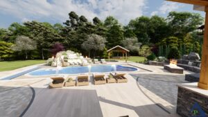 Precision Outdoors Design Secluded resort Roachdale indiana pool gable roof structure extension paver patio porcelain overlay gas fire pit firepit fire bowls outdoor kitchen seating wall lighting custom swing bed landscaping night lighting trees shrubs mulch backyard goals oasis country boulders privacy rest and relaxation poolside bird bath dining area hot tub