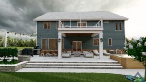 Precision Outdoors Elegant Overlook balcony custom composite deck hot tub privacy screens fire pit area string lighting outdoor dining area paver patio seating wall multiple entertaining spaces custom landscaping Plainfield indiana exterior design and build backyard goals balcony