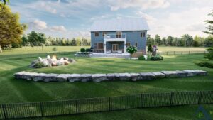 Precision Outdoors Elegant Overlook balcony custom composite deck hot tub privacy screens fire pit area string lighting outdoor dining area paver patio seating wall multiple entertaining spaces custom landscaping Plainfield indiana exterior design and build backyard goals balcony