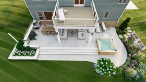 Precision Outdoors Elegant Overlook balcony custom composite deck hot tub privacy screens fire pit area string lighting outdoor dining area paver patio seating wall multiple entertaining spaces custom landscaping Plainfield indiana exterior design and build backyard goals balcony