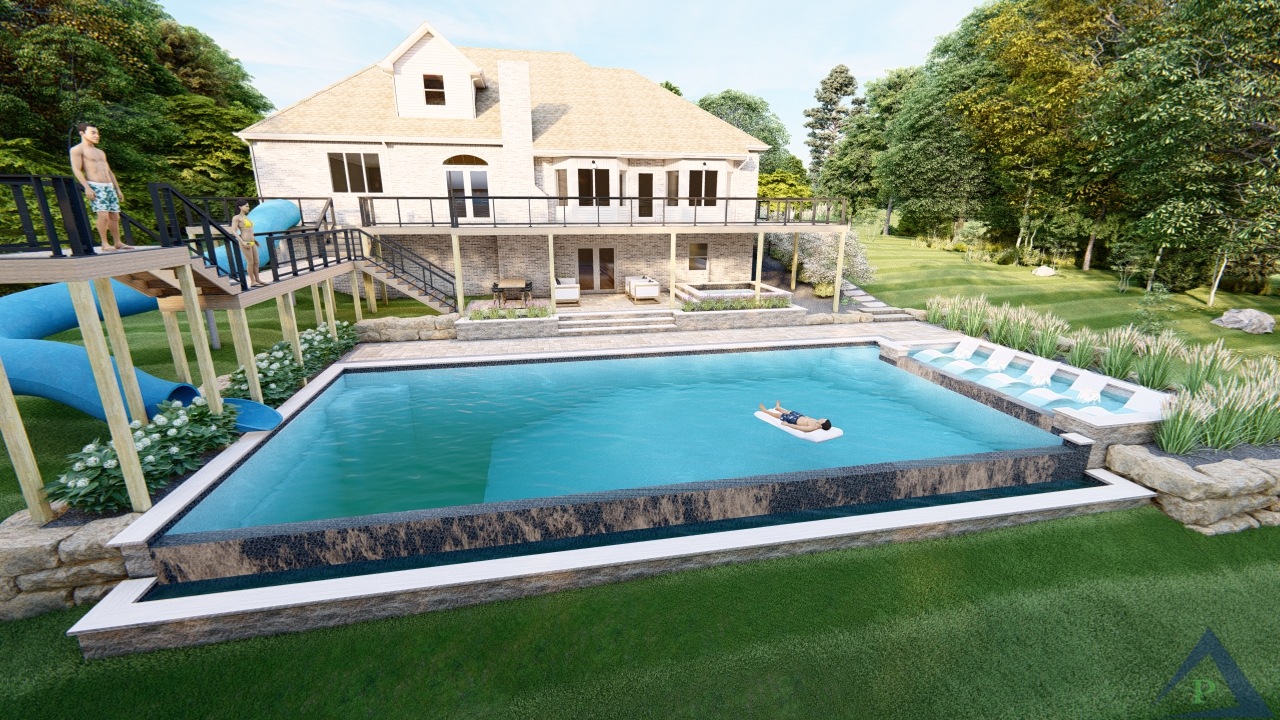Precision Outdoors Infinity Acres Exterior Design and build Upper patio with fire pit upper deck lower multilevel paver patio In-ground infinity edge pool tanning ledge Enclosed water slide Diving platforms Outdoor dining & entertaining space Hot tub Custom landscaping Mooresville indiana backyard goals secluded backyard dreams lumion