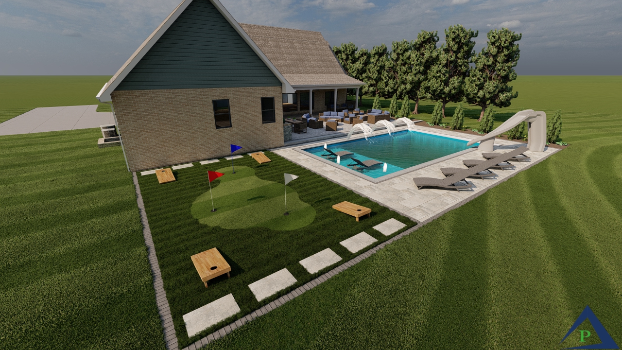 Precision Outdoors Design Ruby Retreat Plainfield Indiana Inground Pool Large entertaining patio deck lounger area lounging rest relaxation astroturf putting green lawn games corn hole backyard goals In-ground pool water slide Tanning ledge Pool deck Astroturf putting green lawn games area custom landscaping