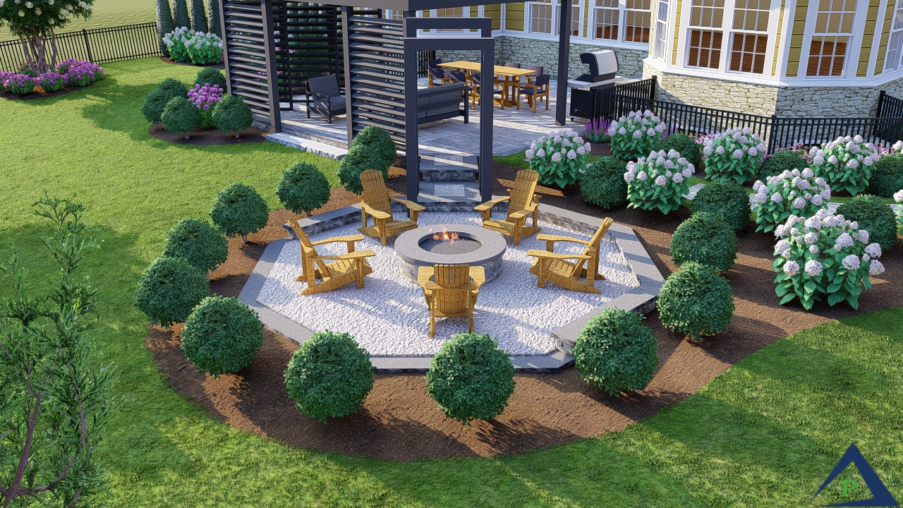 Precision Outdoors Exterior design and build Modern Macduff Noblesville indiana pergola paver patio fire pit area contemporary arches staggered step path outdoor lighting dining area swings custom landscaping swings shrubs octagon shaped backyard upgrade flowers backyard goals