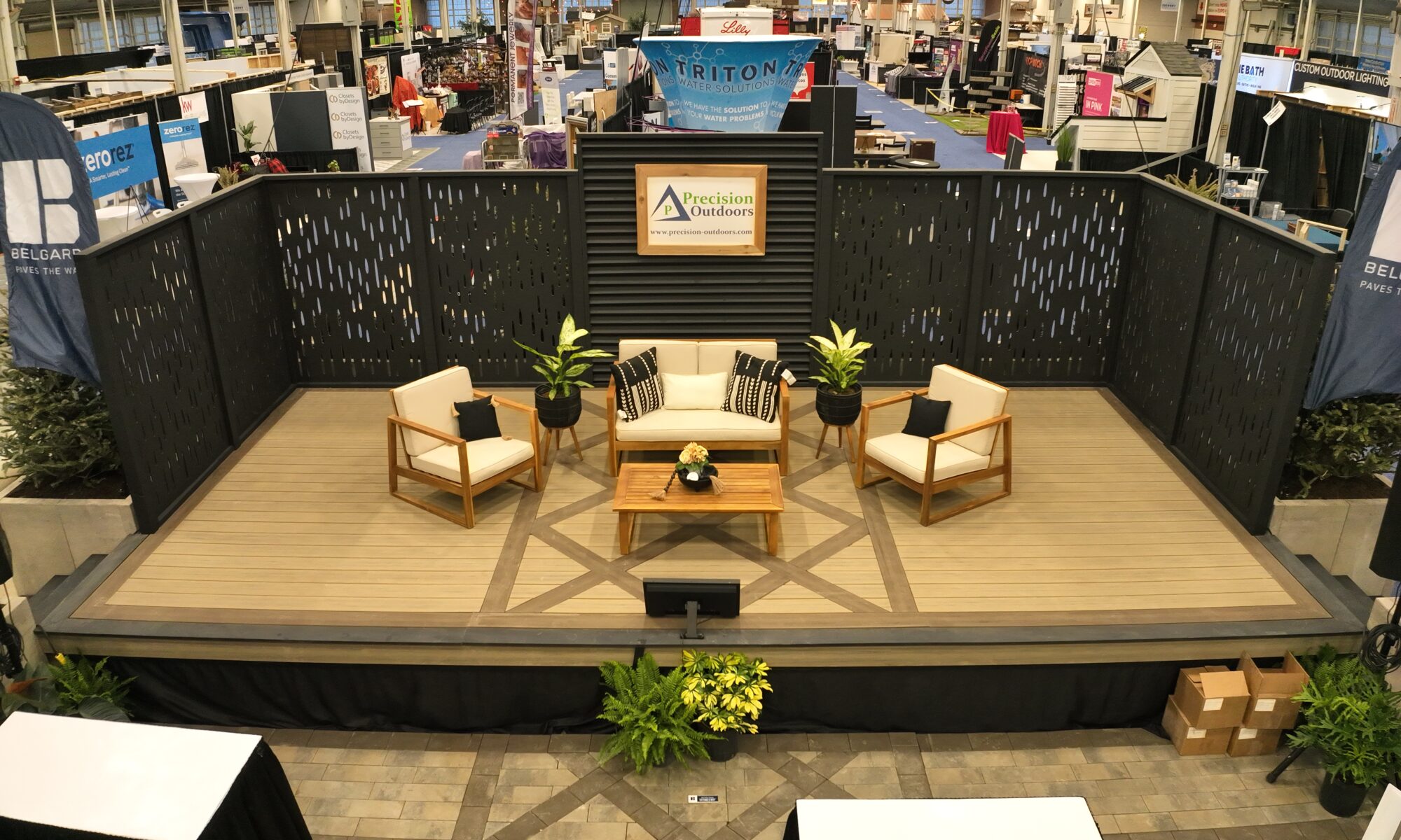 Precision Outdoors Indianapolis Indiana Home Show 2024 Living Stage HGTV Exterior Design and Build Interior Design Outdoor building Hot sauna cold plunge polar plunge belgard outdoor living products custom landscaping pickleball astroturf lawn games kids play area