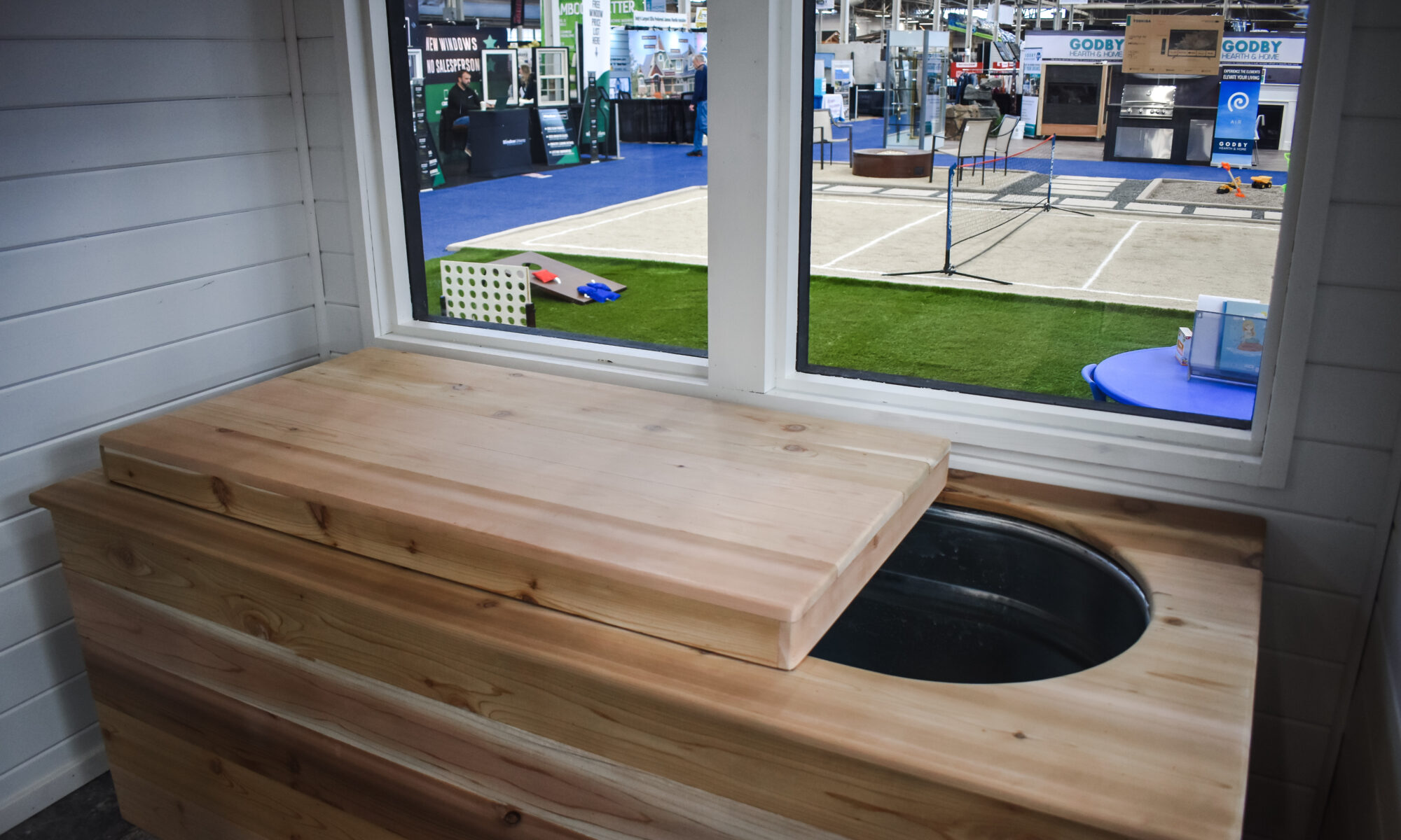 Precision Outdoors Indianapolis Indiana Home Show 2024 Living Stage HGTV Exterior Design and Build Interior Design Outdoor building Hot sauna cold plunge polar plunge belgard outdoor living products custom landscaping pickleball astroturf lawn games kids play area