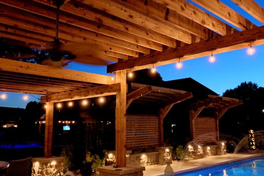 Cannon Cabana Precision Outdoors rough tiered timber structures outdoor kitchen retaining wall sunscreen dining space Greenwood indiana