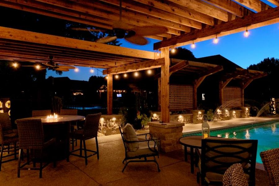 Cannon Cabana Precision Outdoors rough tiered timber structures outdoor kitchen retaining wall sunscreen dining space Greenwood indiana