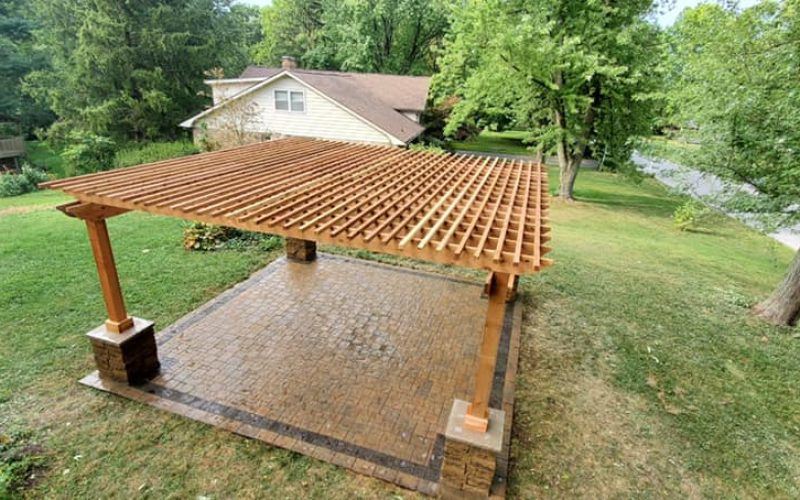 Precision Outdoors Perry Pergola rough timber structures paver patio Greenwood indiana