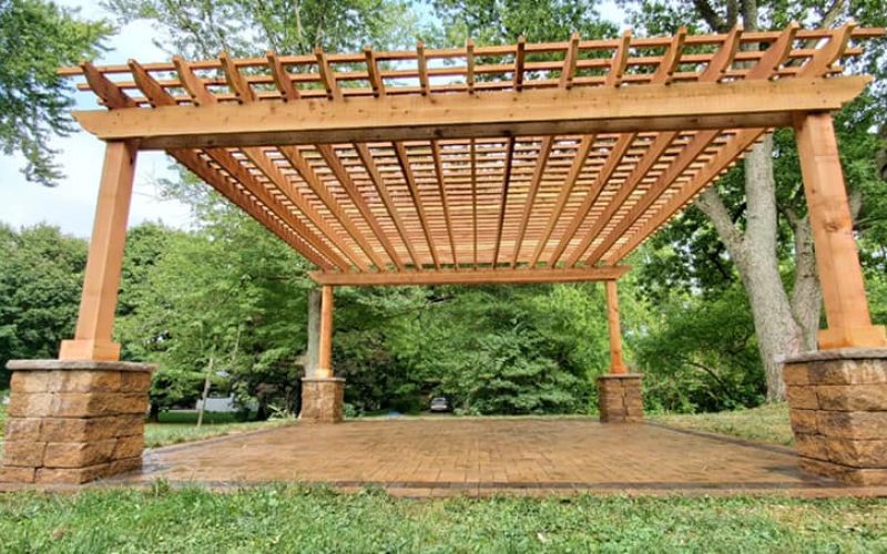 Precision Outdoors Perry Pergola rough timber structures paver patio Greenwood indiana