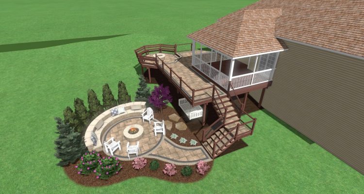 Multilevel Gathering Space Design Precision Outdoors two fire pit areas paver patio deck flagstone walkway