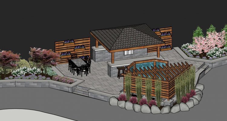 Precision Outdoors Indianapolis Home show 2019 Design Render Indianapolis Indiana Exterior Design Outdoor Living sunken porcelain fire pit space freestanding water wall structure cedar pergola screening walls privacy screens privacy walls with custom planters rough cedar pavilion gathering space outdoor kitchen grill bar space paver patio walls walkways