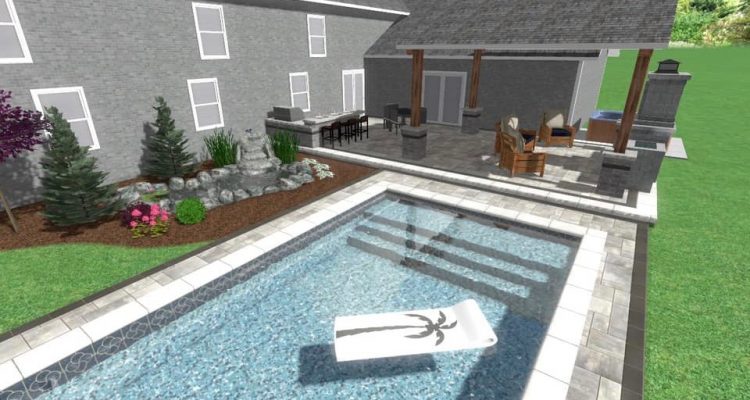 Modern Poolside Oasis precision outdoors design paver patio gable roof structure larger paver pool deck fireplace