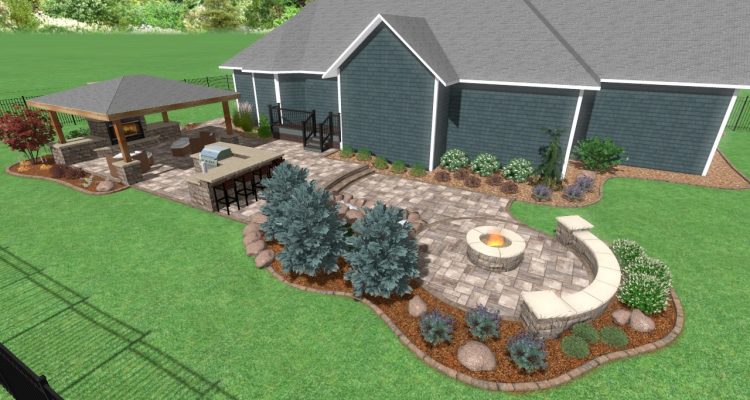 Epic Urban Outdoor Living Rough timber structure outdoor kitchen pond with waterfall secluded fire pit seating wall paver patio