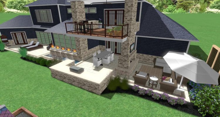 Modern Elevated Patio & Fireplace see through wood burning fireplace elevated deck generous seating room water fire bowl features built-in builtin outdoor kitchen extended bar seating space backyard landscaping rock bed trees bulbs shrubs