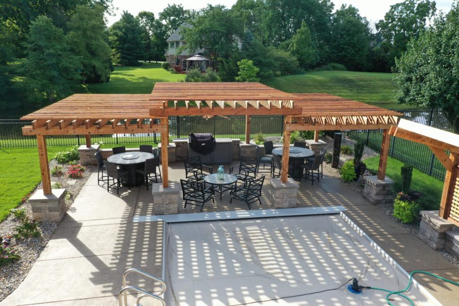 Cannon Cabana Precision Outdoors rough tiered timber structures outdoor kitchen retaining wall sunscreen dining space Greenwood indiana