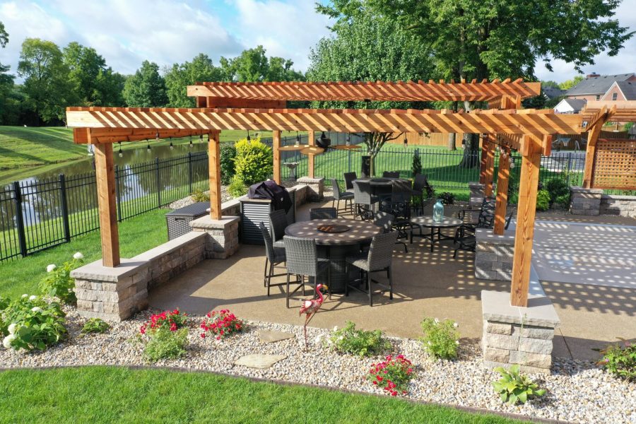 Cannon Cabana Precision Outdoors rough tiered timber structures outdoor kitchen retaining wall sunscreen dining space Greenwood indiana