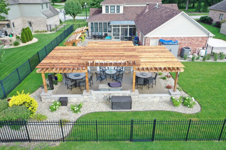 Cannon Cabana Precision Outdoors rough tiered timber structures outdoor kitchen retaining wall sunscreen dining space Greenwood indiana