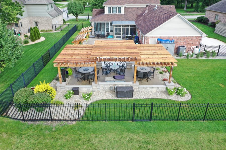 Cannon Cabana Precision Outdoors rough tiered timber structures outdoor kitchen retaining wall sunscreen dining space Greenwood indiana