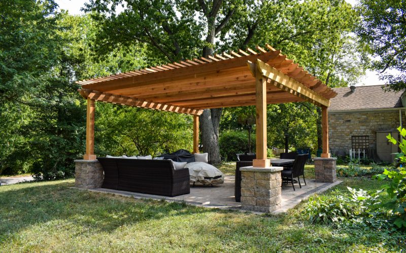 Precision Outdoors Perry Pergola rough timber structures paver patio Greenwood indiana