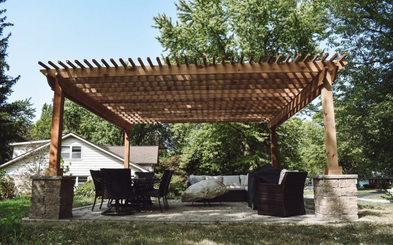 Precision Outdoors Perry Pergola rough timber structures paver patio Greenwood indiana