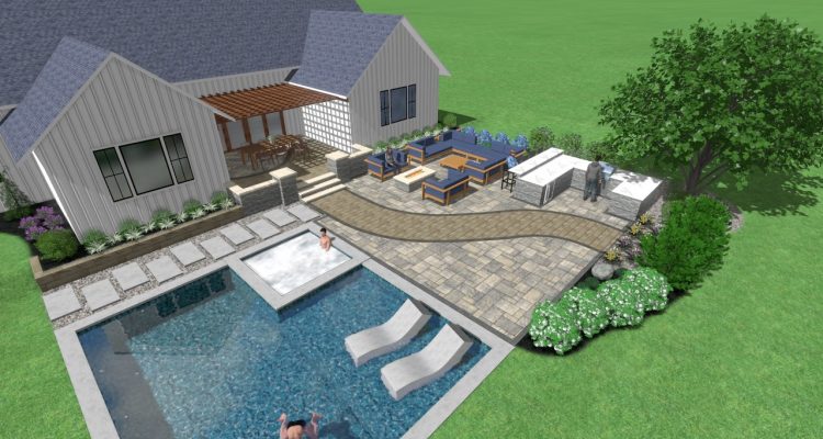 Farmhouse Outdoor Living Farmhouse Outdoor Living builtin built-in outdoor kitchen extended bar seating paver patio backyard landscaping rock bed trees bulbs shrubs lawn service cedar pergola electric fire pit