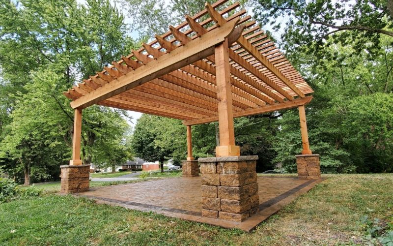 Precision Outdoors Perry Pergola rough timber structures paver patio Greenwood indiana