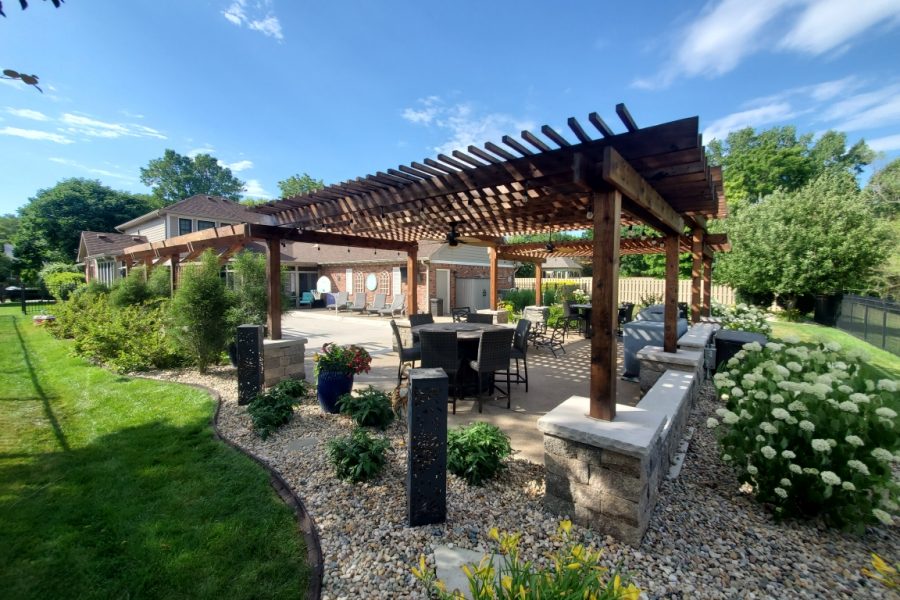 Cannon Cabana Precision Outdoors rough tiered timber structures outdoor kitchen retaining wall sunscreen dining space Greenwood indiana