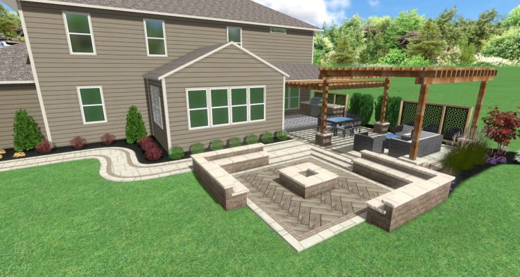 Welchel Springs Patio Indiana Precision Outdoors rough timber structure outdoor kitchen secluded firepit fire pit seating wall backyard landscaping mulching mulch bed trees bulbs shrubs pergola round space entertaining
