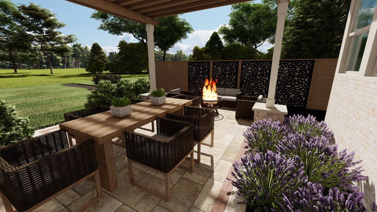 Hickory Stick Enclave Precision outdoors private dining ample seating paver patio outdoor grilling area privacy screens Bargersville indiana