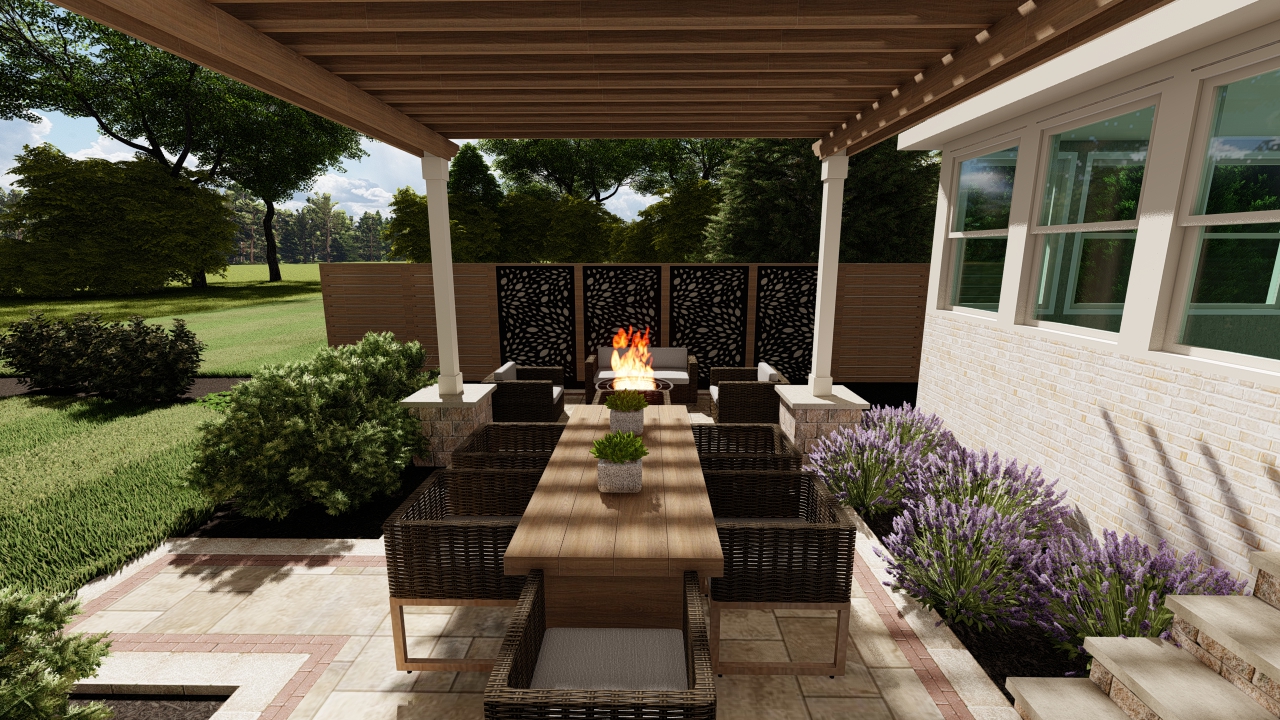 Hickory Stick Enclave Precision outdoors private dining ample seating paver patio outdoor grilling area privacy screens Bargersville indiana