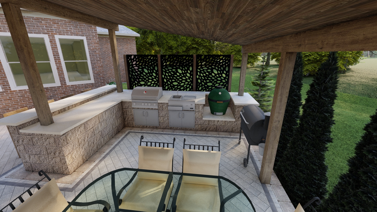 Precision Outdoors Emerald Ridge Hideaway full length paver patio outdoor gathering space scallion roof structure outdoor kitchen with bar seating indianapolis indiana
