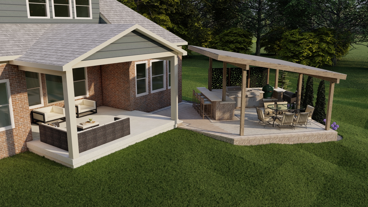 Precision Outdoors Emerald Ridge Hideaway full length paver patio outdoor gathering space scallion roof structure outdoor kitchen with bar seating indianapolis indiana