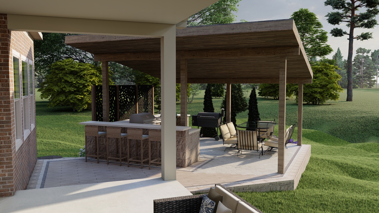 Precision Outdoors Emerald Ridge Hideaway full length paver patio outdoor gathering space scallion roof structure outdoor kitchen with bar seating indianapolis indiana